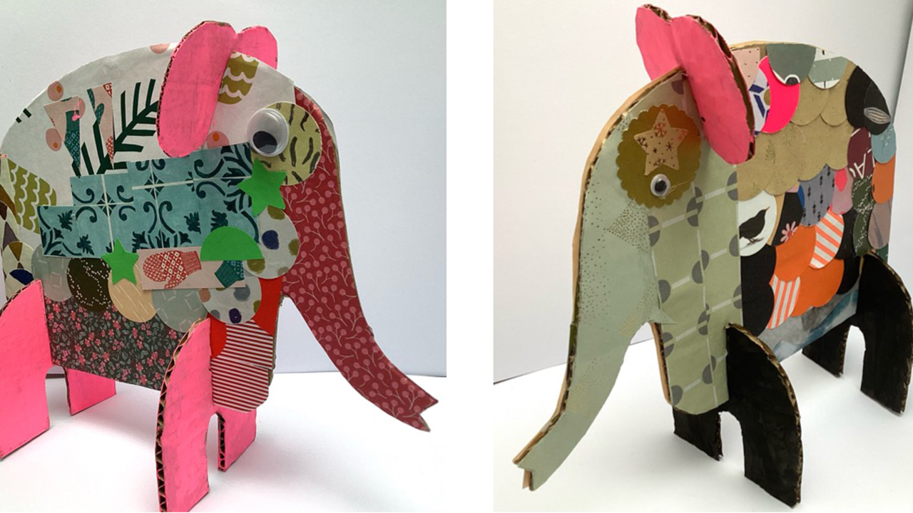 bunt verkleidete Pappelefanten wie im Buch "Elmar" von David McKee